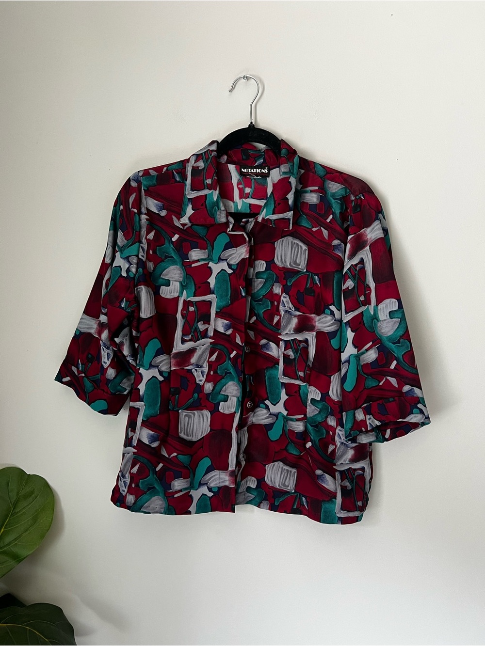 Vintage Abstract Print Button-Up Top in Burgundy, Teal & Gray - Unknown Brand